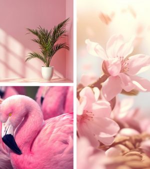 Collage Mandelblüte Flamingo Zimmerpflanze vor rosa Wand